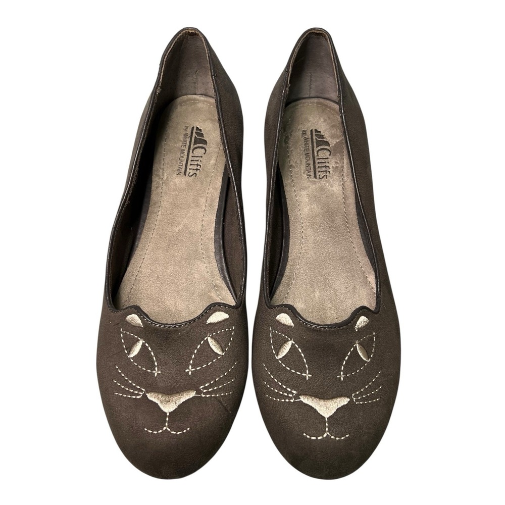 Cliffs Kitty Cat Face Flats Womens 9.5M Gray Faux Suede‎ Embroidered Slip On